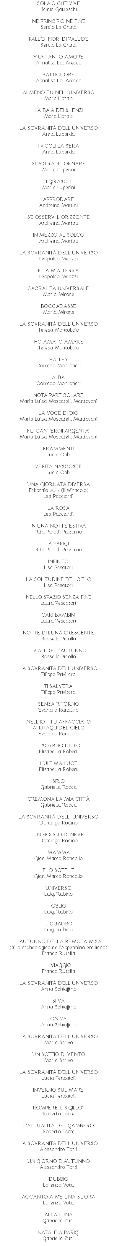 SOLAIO CHE VIVE Licinia Gatteschi NÈ PRINCIPIO NÈ FINE Sergio La China PALLIDI FIORI DI PALUDE Sergio La China FRA TANTO AMORE Annalisa Loi Arecco BATTICUORE Annalisa Loi Arecco ALMENO TU NELL’UNIVERSO Mara Librale LA BAIA DEI SILENZI Mara Librale LA SOVRANITÀ DELL’UNIVERSO Anna Lucarda I VICOLI LA SERA Anna Lucarda SI POTRÀ RITORNARE Maria Luperini I GIRASOLI Maria Luperini APPRODARE Andreina Martini SE OSSERVI L’ORIZZONTE Andreina Martini IN MEZZO AL SOLCO Andreina Martini LA SOVRANITÀ DELL’UNIVERSO Leopoldo Meozzi È LA MIA TERRA Leopoldo Meozzi SACRALITÀ UNIVERSALE Maria Mirone BOCCADASSE Maria Mirone LA SOVRANITÀ DELL’UNIVERSO Teresa Montobbio HO AMATO AMARE Teresa Montobbio HALLEY Corrado Montoneri ALBA Corrado Montoneri NOTA PARTICOLARE Maria Luisa Moscatelli Mantovani LA VOCE DI DIO Maria Luisa Moscatelli Mantovani I FILI CANTERINI ARGENTATI Maria Luisa Moscatelli Mantovani FRAMMENTI Lucia Obbi VERITÀ NASCOSTE Lucia Obbi UNA GIORNATA DIVERSA Febbraio 2017 (Il Miracolo) Lea Pacciardi LA ROSA Lea Pacciardi IN UNA NOTTE ESTIVA Rita Parodi Pizzorno A PARIGI Rita Parodi Pizzorno INFINITO Lisa Pesatori LA SOLITUDINE DEL CIELO Lisa Pesatori NELLO SPAZIO SENZA FINE Laura Pescatori CARI BAMBINI Laura Pescatori NOTTE DI LUNA CRESCENTE Rossella Picollo I VIALI DELL’AUTUNNO Rossella Picollo LA SOVRANITÀ DELL'UNIVERSO Filippo Privitera TI SALVERAI Filippo Privitera SENZA RITORNO Evandro Ranauro NELL’IO - TU AFFACCIATO AI RITAGLI DEL CIELO Evandro Ranauro IL SORRISO DI DIO Elisabetta Robert L'ULTIMA LUCE Elisabetta Robert SIRIO Gabriella Rocca CREMONA LA MIA CITTÀ Gabriella Rocca LA SOVRANITÀ DELL’ UNIVERSO Domingo Rodino UN FIOCCO DI NEVE Domingo Rodino MAMMA Gian Marco Roncallo FILO SOTTILE Gian Marco Roncallo UNIVERSO Luigi Rubino OBLIO Luigi Rubino IL QUADRO Luigi Rubino L'AUTUNNO DELLA REMOTA MlSA (Sito archeologico nell'Appennino emiliano) Franca Rutella IL VIAGGIO Franca Rutella LA SOVRANITÀ DELL’UNIVERSO Anna Schiaffino SI VA Anna Schiaffino ON VA Anna Schiaffino LA SOVRANITÀ DELL’UNIVERSO Maria Scrivo UN SOFFIO DI VENTO Maria Scrivo LA SOVRANITÀ DELL’UNIVERSO Lucia Tencaioli INVERNO SUL MARE Lucia Tencaioli ROMPERE IL SIGILLO? Roberto Torre L'ATTUALITÀ DEL GAMBERO Roberto Torre LA SOVRANITÀ DELL’UNIVERSO Alessandro Torti UN GIORNO D'AUTUNNO Alessandro Torti DUBBIO Lorenzo Vota ACCANTO A ME UNA SUORA Lorenzo Vota ALLA LUNA Gabriella Zurli NATALE A PARIGI Gabriella Zurli 